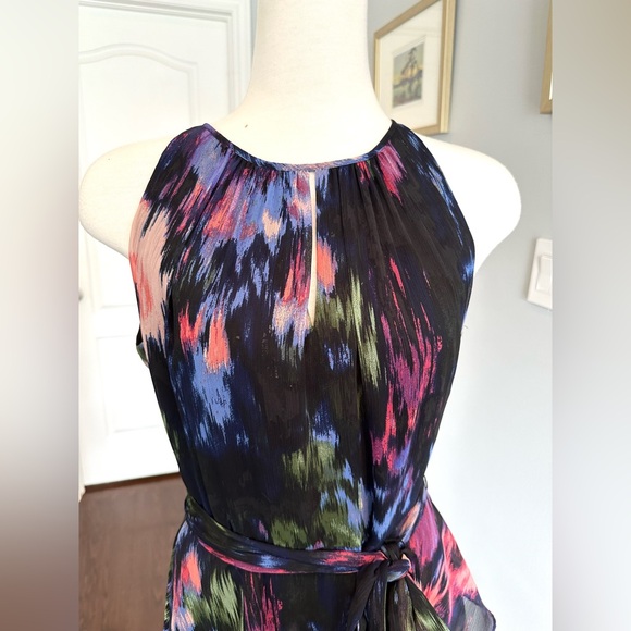 TAHARI Arthur S. Levine Abstract Multi Coloured Print Bow Belted Tiered Dress - Picture 5 of 11